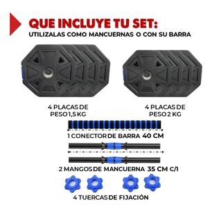 Set Mancuernas Ajustables Hexagonales 15 Kg 2en1 + Barra