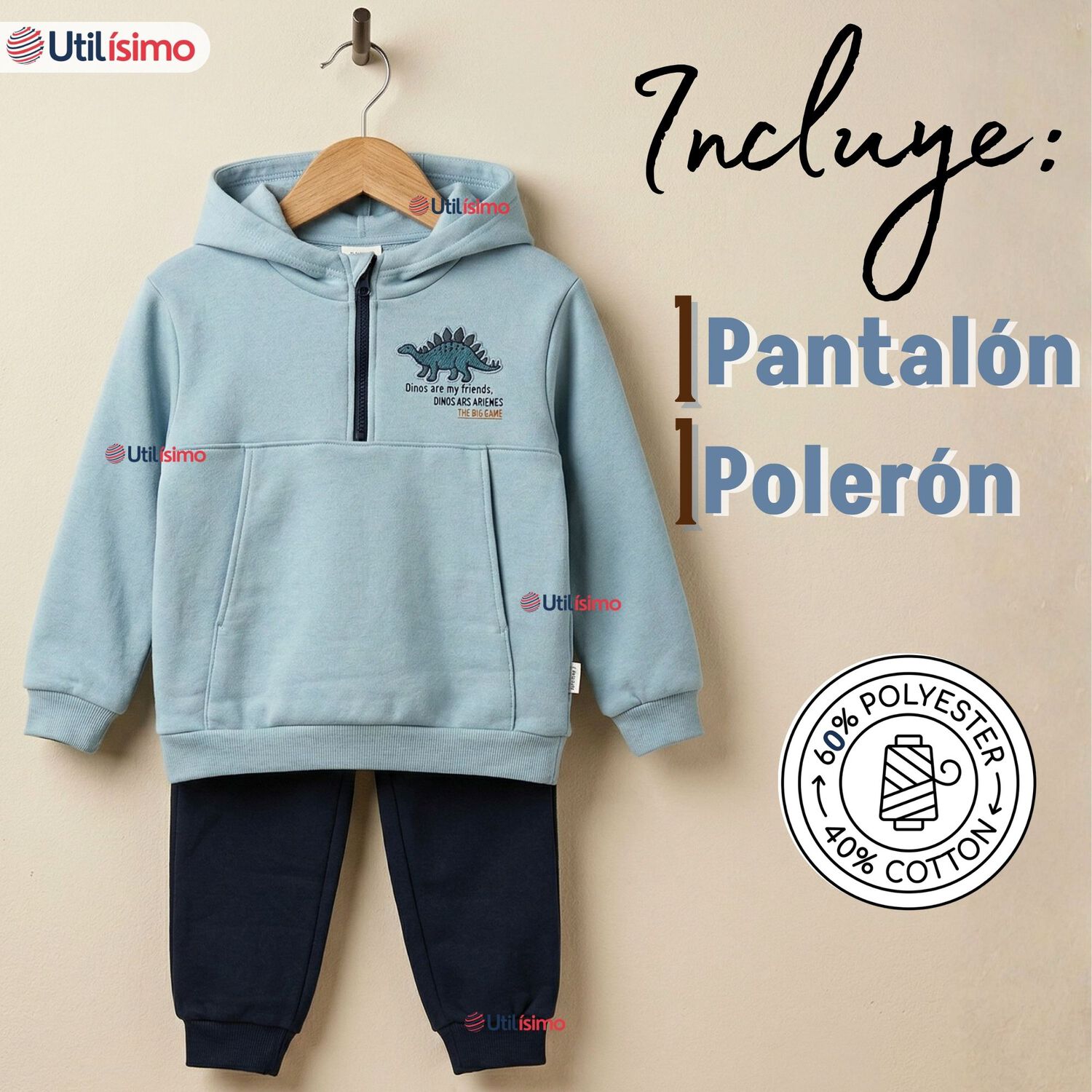 Conjunto 2 Piezas Buzo Pantal&oacute;n Y Poler&oacute;n Con Capucha Azul Dinosaurio Ni&ntilde;o image number 1.0