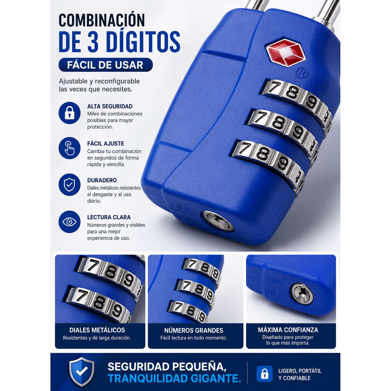 Candado Tsa 33mm Seguridad Maleta Locker Llave Y Clave Azul image number 7.0