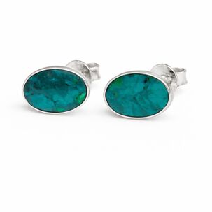 Aros Crisocola Ovalado Plata 950 Tornillo Mariposa Mujer Elegantes Piedra Azul