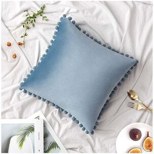 Pack De 02 Fundas De Coj&iacute;n De Terciopelo Con Pompon 45x45 Azul