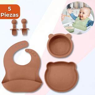 Set De Alimentaci&oacute;n Beb&eacute; Silicona 5 Piezas De Osito Libre Bpa Color Naranja