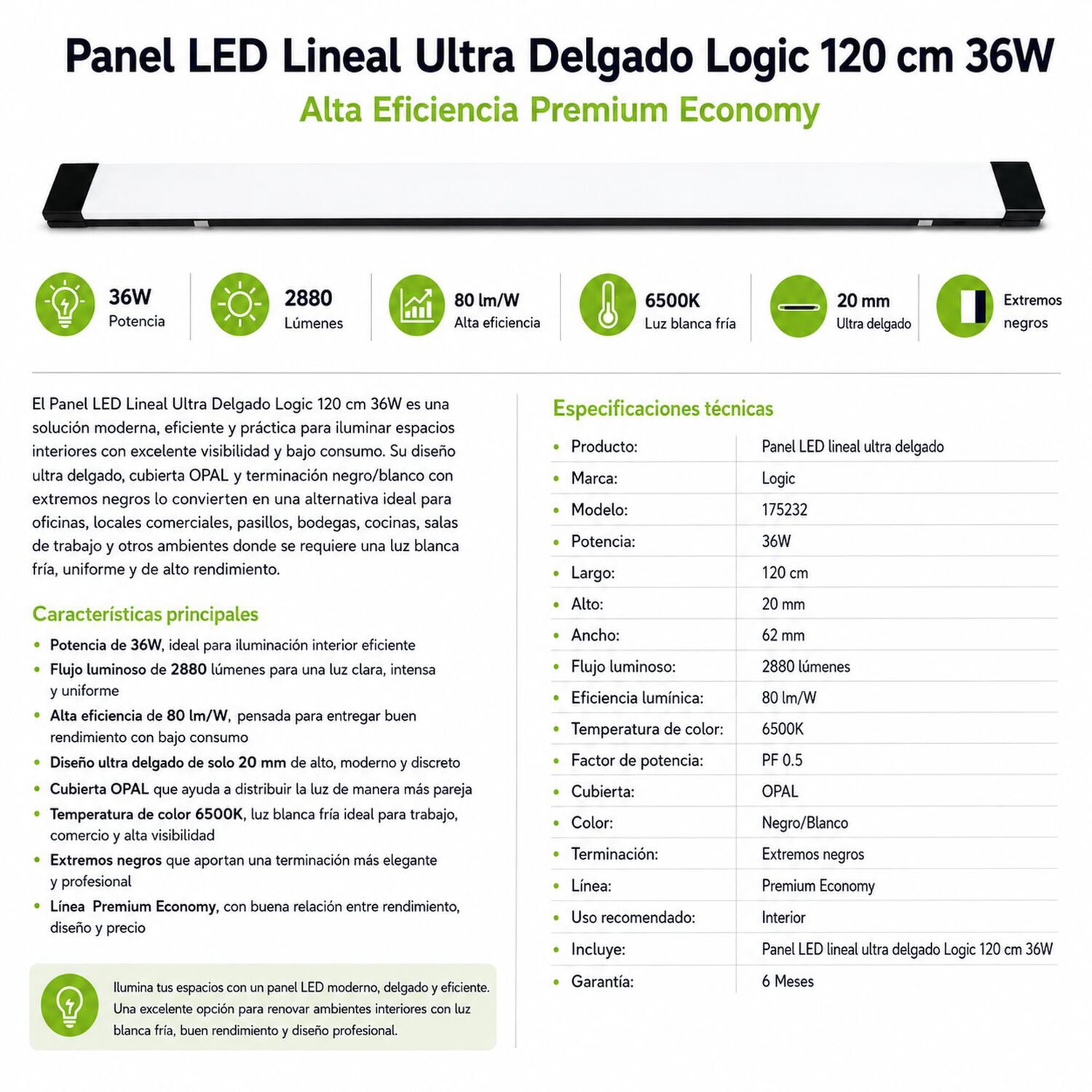 Panel Led Lineal Ultra Delgado 120 Cm 36w Alta Eficiencia image number 5.0