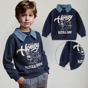 Poler&oacute;n Estilo Pique Manga Larga Ni&ntilde;o 100% Algod&oacute;n Azul