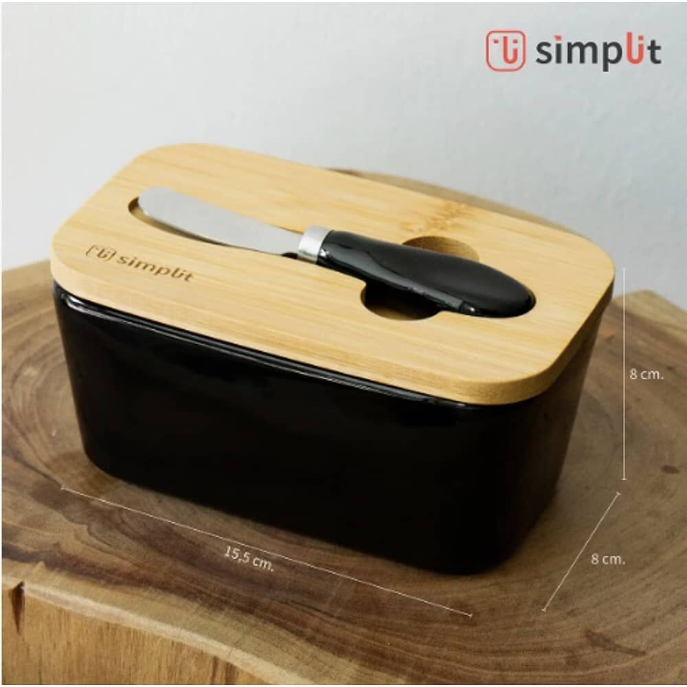 Mantequillero Cer&aacute;mica Tapa Bamboo + Cuchillo 600 Ml Negro image number 3.0