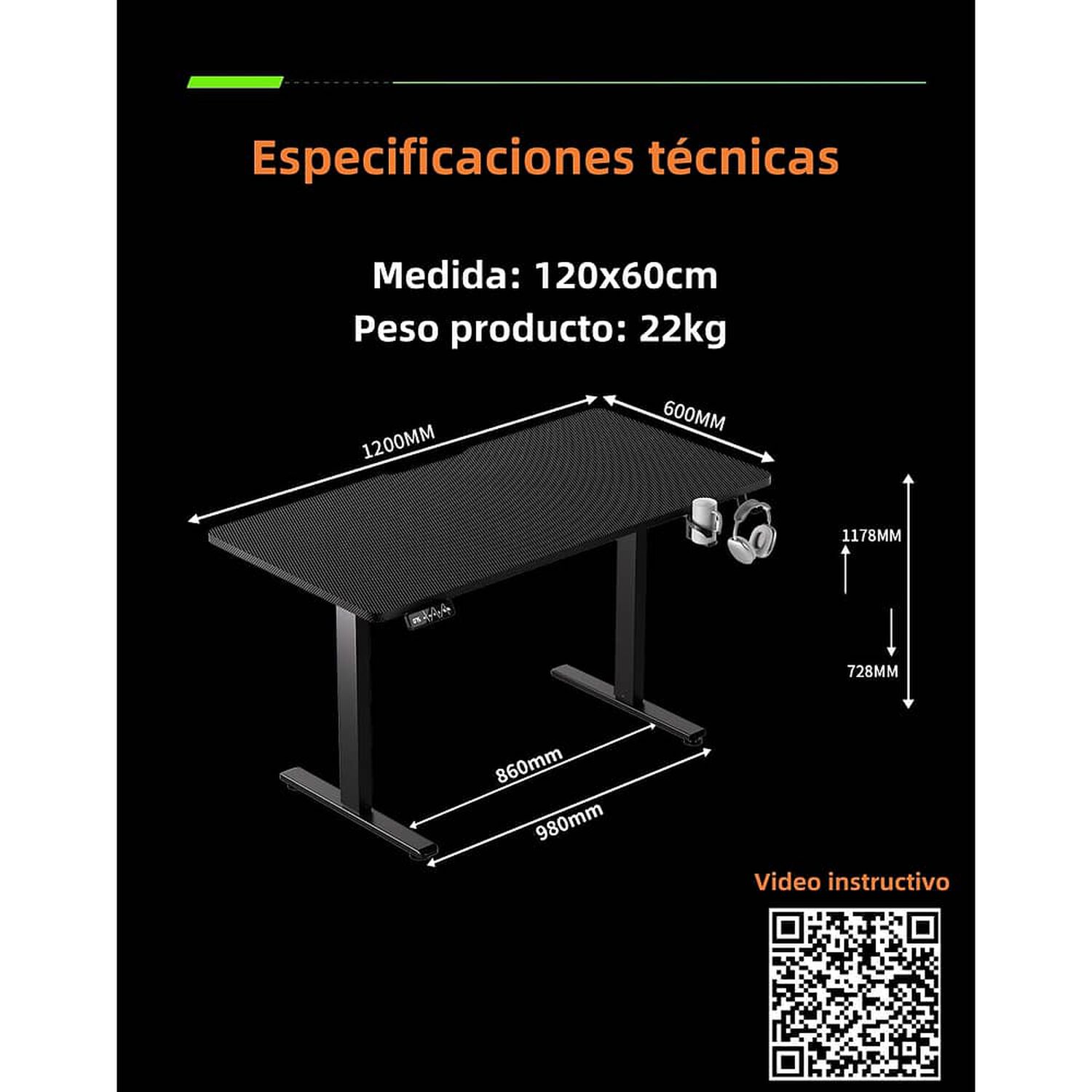 Escritorio El&eacute;ctrico Regulable Warrior 120cm Lubabycas image number 7.0