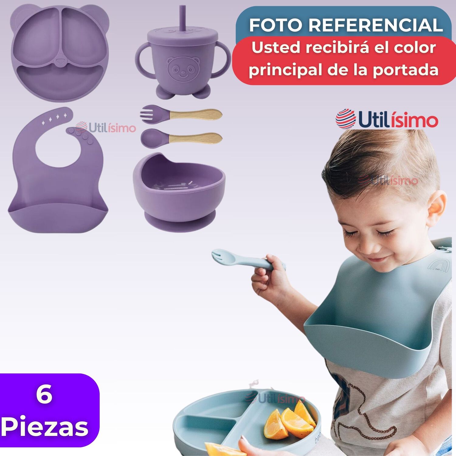 Set De Alimentaci&oacute;n Beb&eacute; Silicona De Oso 6 Piezas Libre Bpa Color Lila image number 5.0