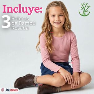 Pack 3 Camisetas Poleras Bamb&uacute; Cuello Redondo Rosado Claro Primera Capa Manga Larga Ni&ntilde;a