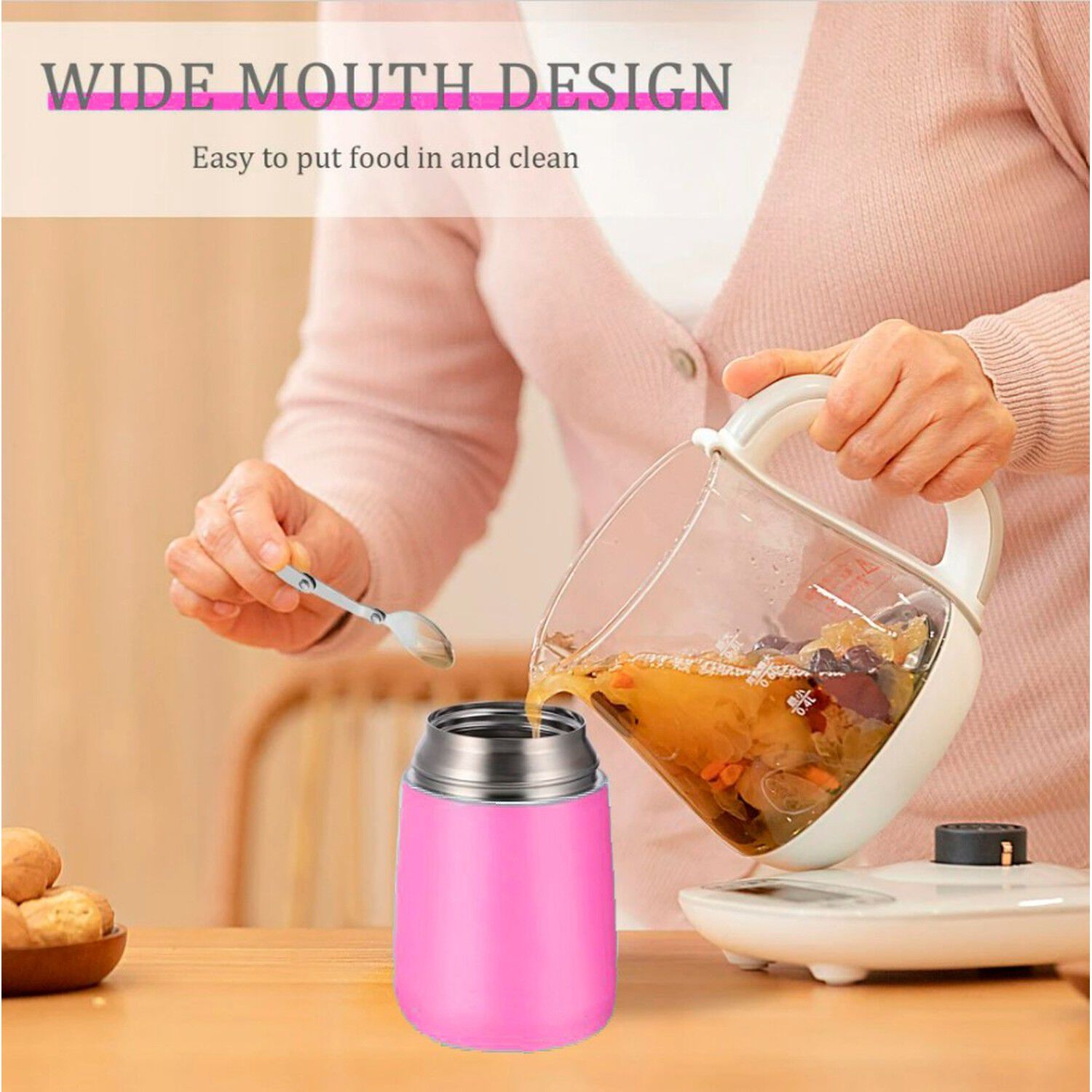 Termo Comida Acero Inoxidable 650ml Rosa Con Cuchara image number 2.0