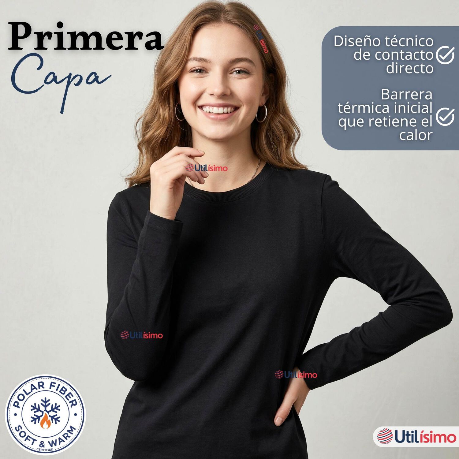 Camiseta Polera Polar Primera Capa Negro Manga Larga Mujer image number 3.0