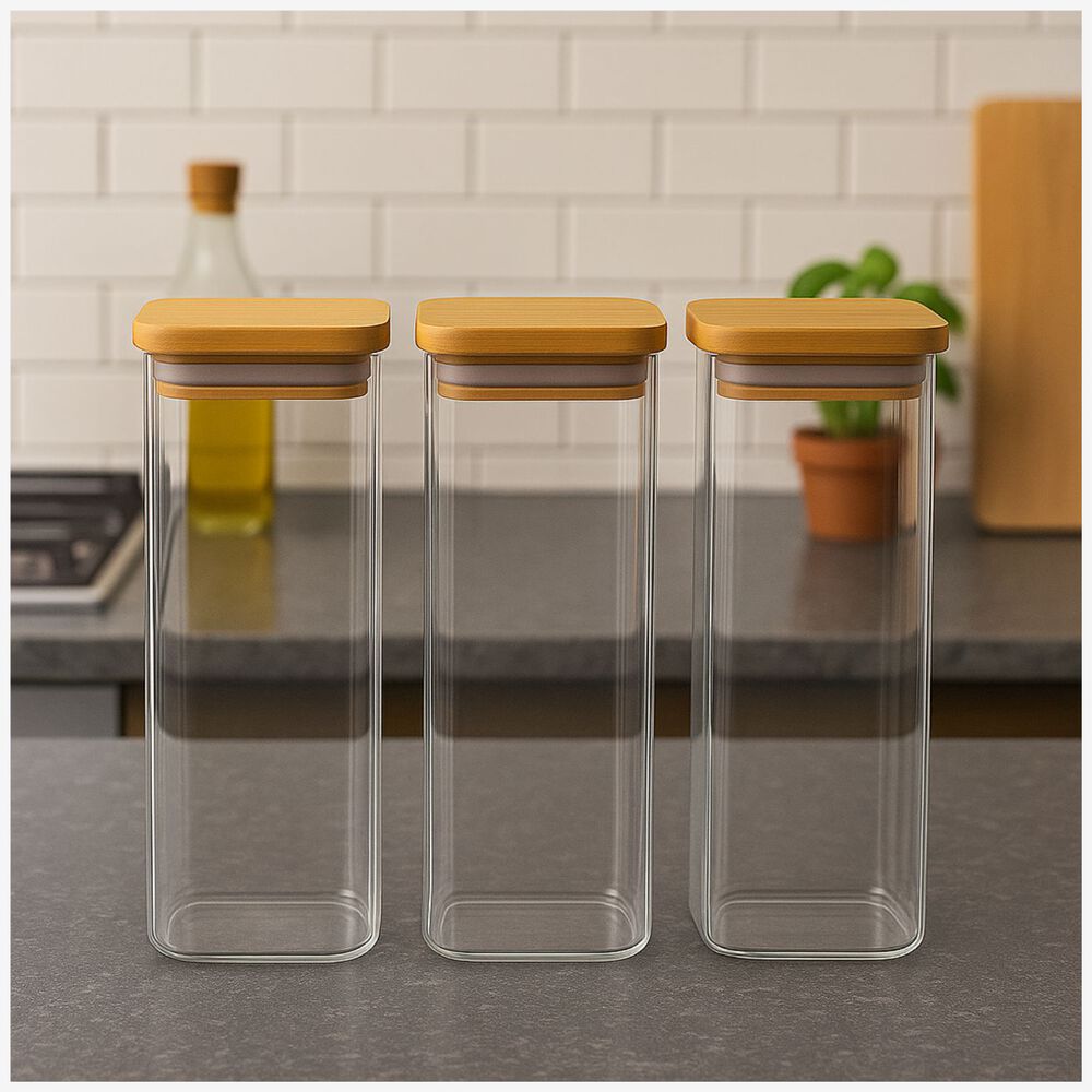 Set 3 Frascos Hermetico 680ml Cuadrado Vidrio 20cm Tapa Bambú image number 1.0