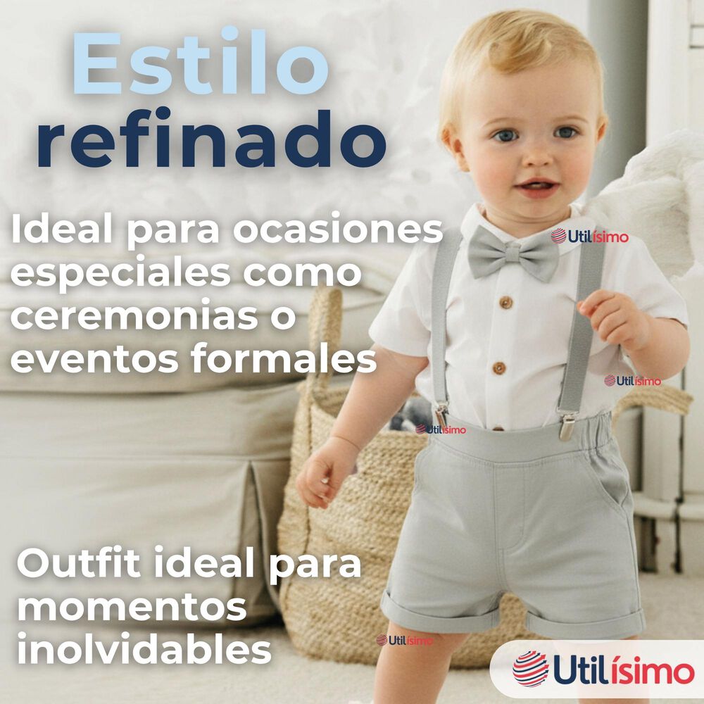 Conjunto De Vestir Con Tirantes Camisa Pantalón Corto Algodón Bebé Gris image number 6.0