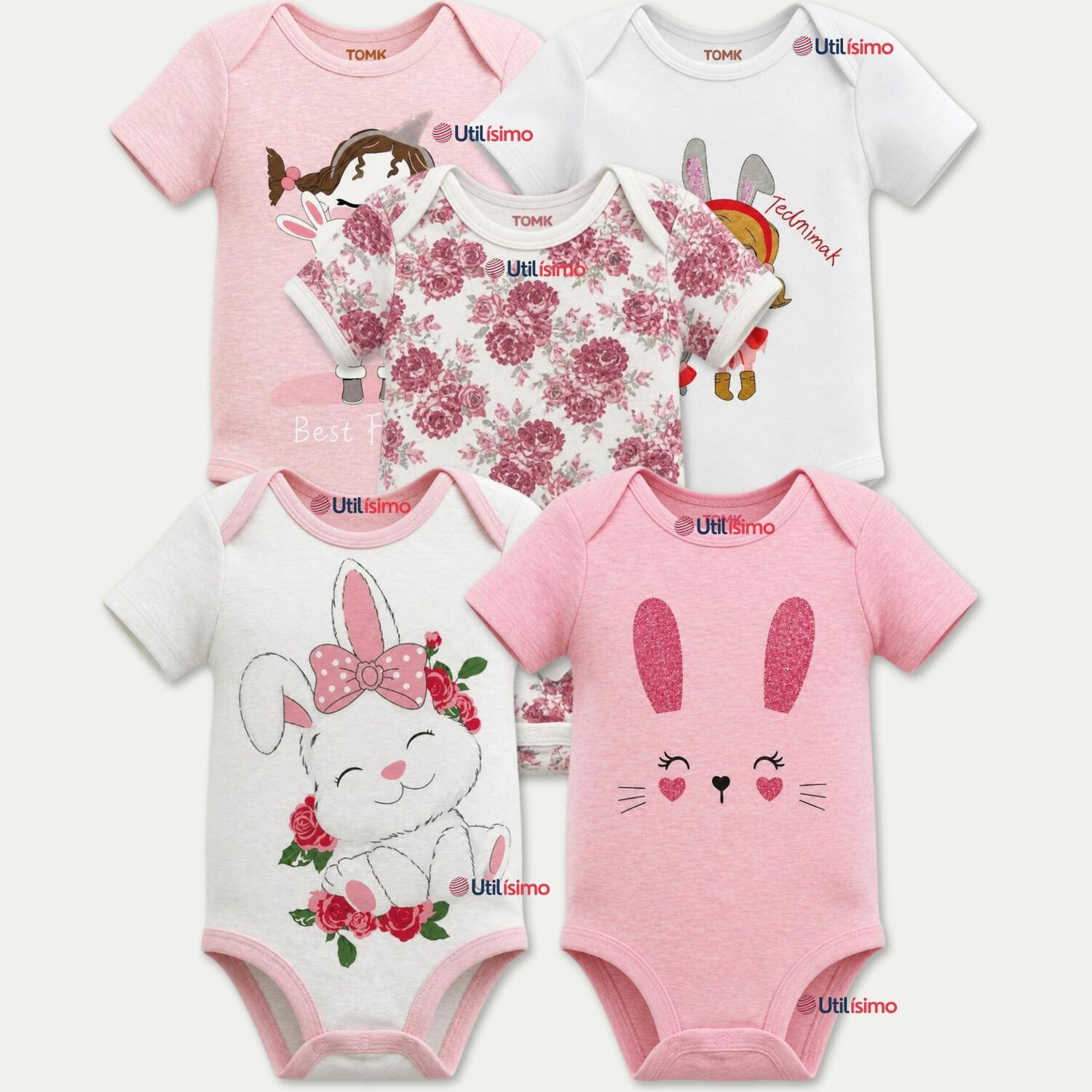 Pack 5 Bodys Manga Corta 100% Algod&oacute;n Tedmimak Ni&ntilde;a Pink Bunny image number 0.0
