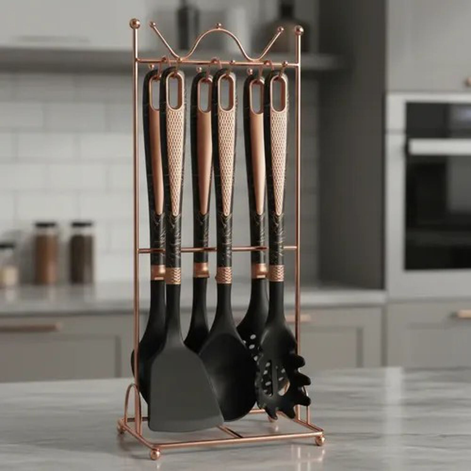 Set Utensilios De Cocina 7 Piezas Con Soporte Negro Marble image number 7.0