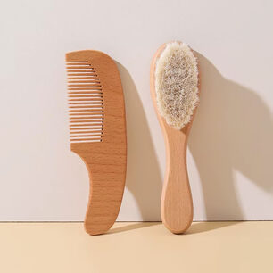 Kit Cepillo Peine Madera Cerdas Suaves Beb&eacute;s Recien Nacidos