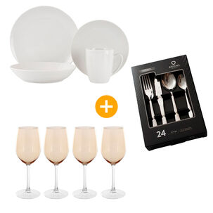 Combo Juego de Vajilla Casaideal Clara + Set de Copas Azhome + Cubiertos de Mesa Krons