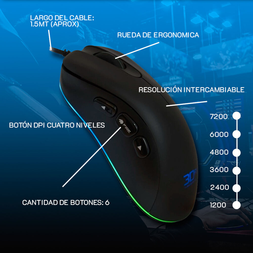 Mouse Gamer 3dfx Psycho 8795 6 Botones 7200dpi Usb Negro image number 3.0