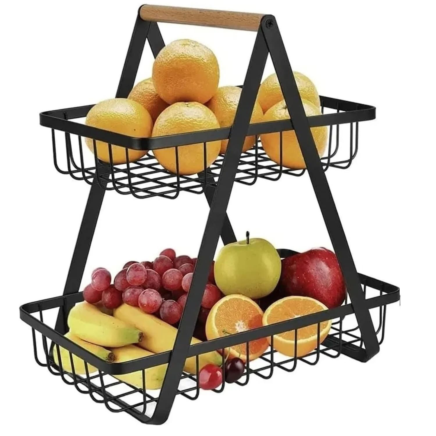 Frutera Doble De Metal Con Mango De Madera Color Negro image number 4.0