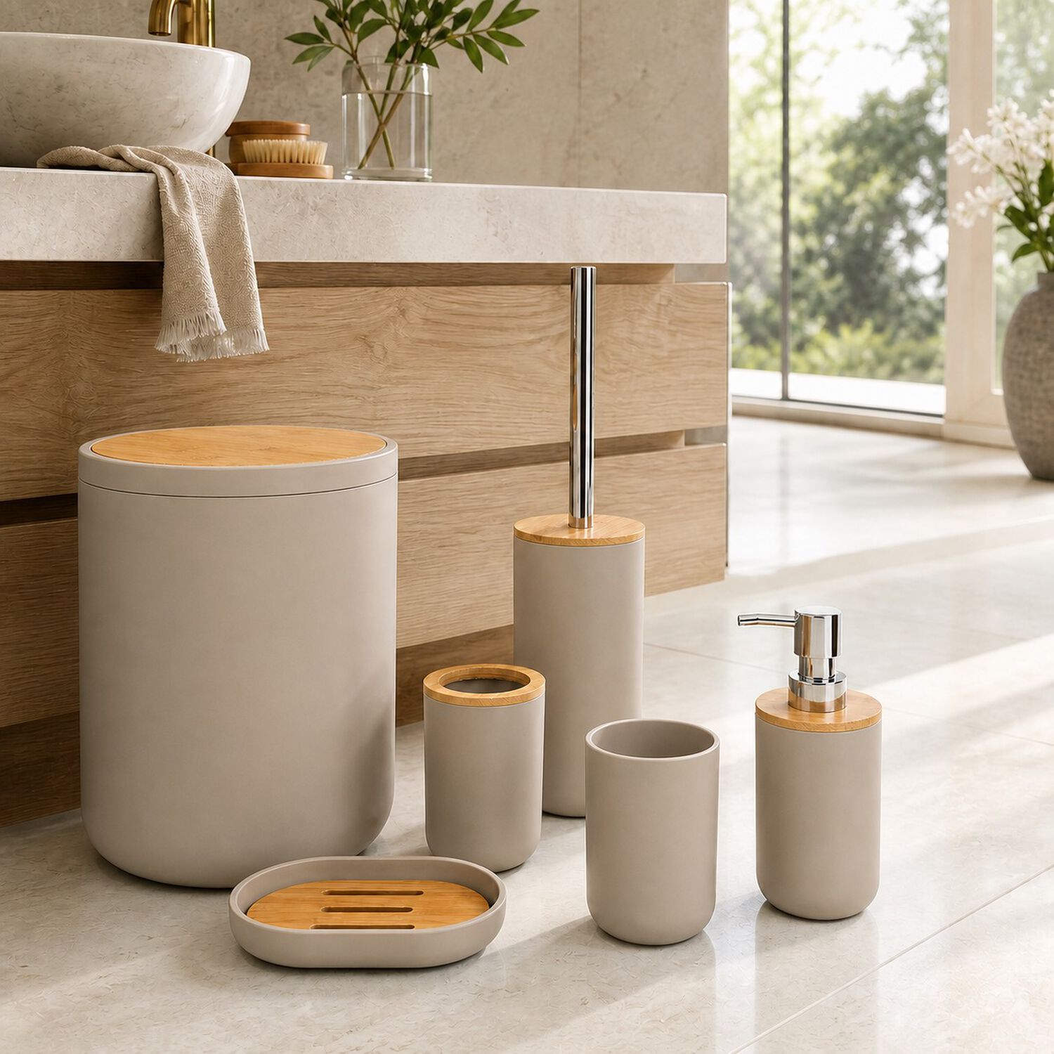 Set De Ba&ntilde;o Completo 6 Piezas De Abs Y Bambu Color Taupe Con Basurero Dispensador Y Escobilla image number 0.0
