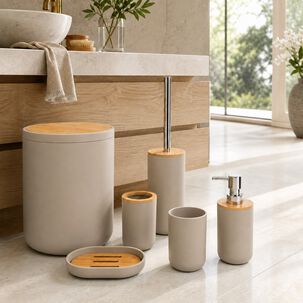 Set De Ba&ntilde;o Completo 6 Piezas De Abs Y Bambu Color Taupe Con Basurero Dispensador Y Escobilla