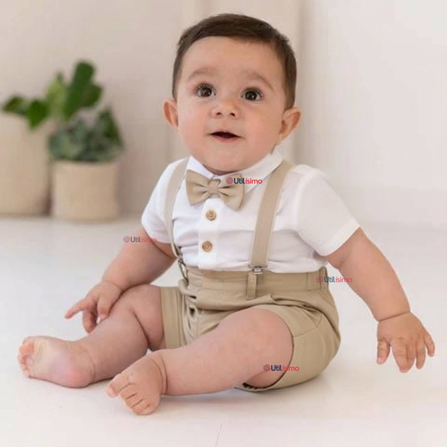Conjunto De Vestir Con Tirantes Camisa Short Algod&oacute;n Bebes Beige image number 0.0