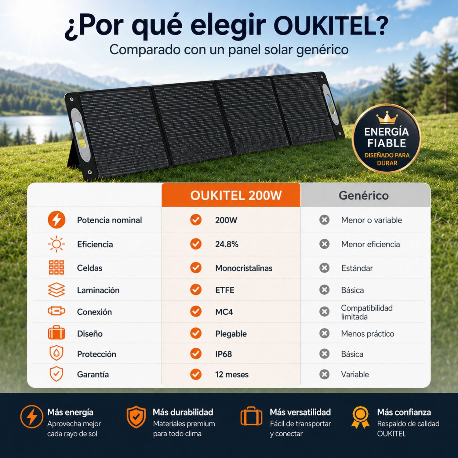 Panel Solar Port&aacute;til Oukitel 200w | Eficiencia 24.8% E Ip68 image number 7.0