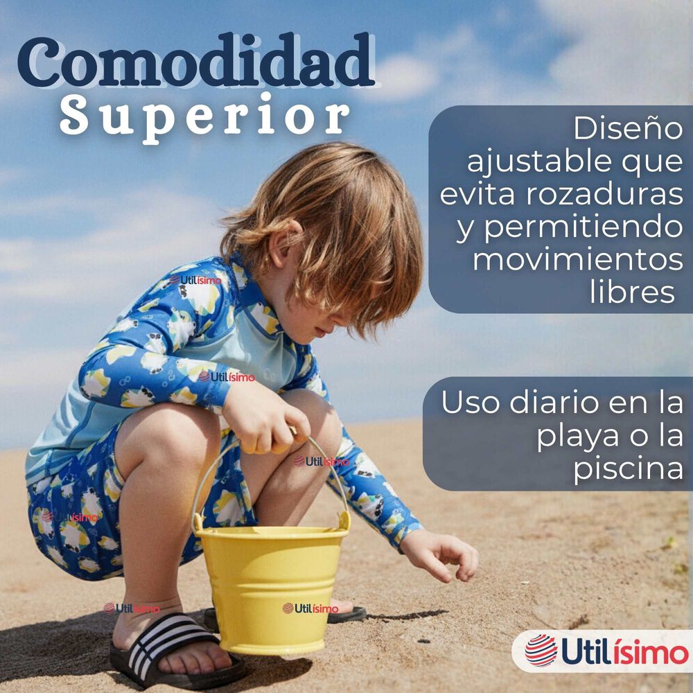 Traje De Ba&ntilde;o Manga Larga Pantal&oacute;n Corto 2 Piezas Corte Split Ni&ntilde;o 3 A 9 A&ntilde;os Blue Polar Bear image number 5.0