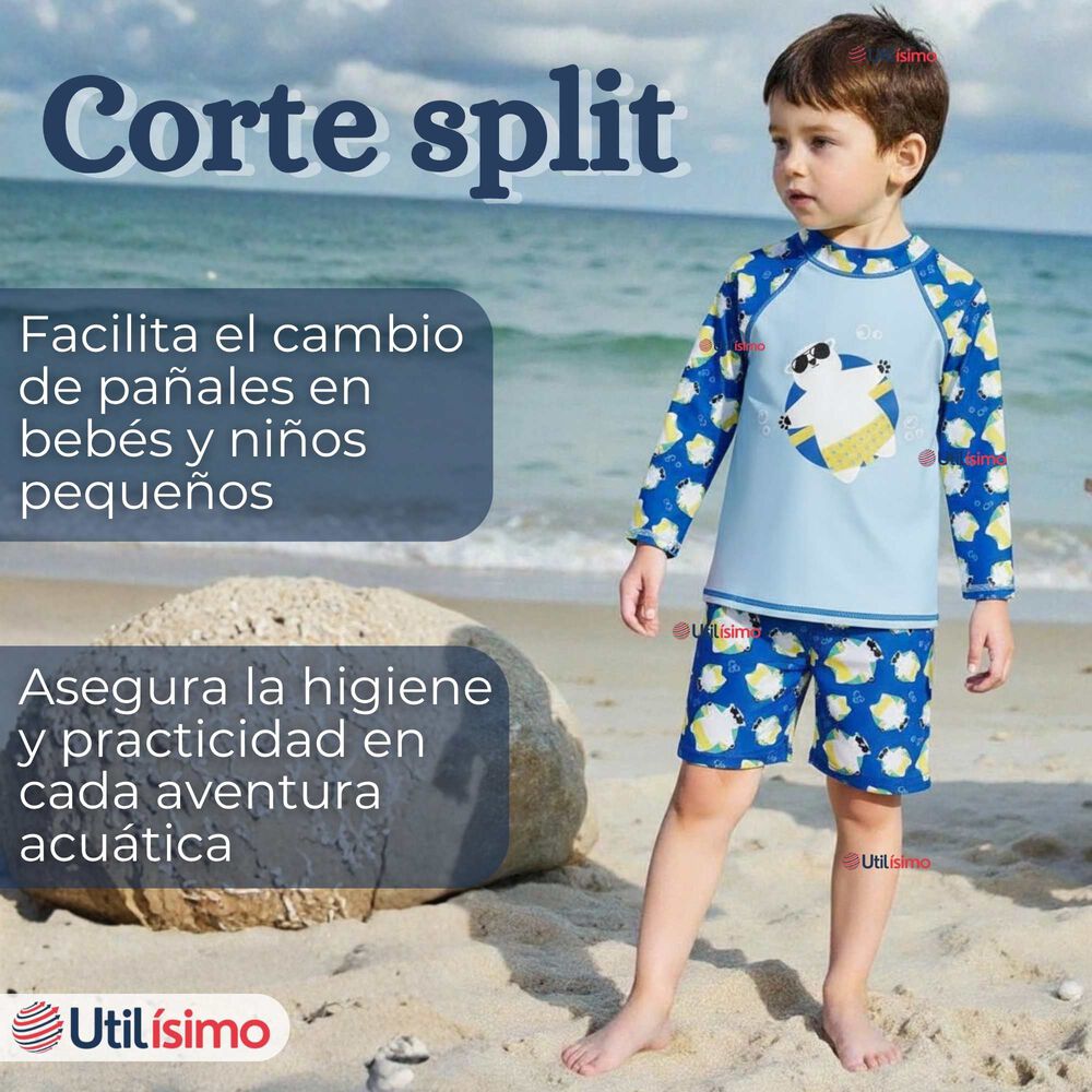 Traje De Ba&ntilde;o Manga Larga Pantal&oacute;n Corto 2 Piezas Corte Split Ni&ntilde;o 3 A 9 A&ntilde;os Blue Polar Bear image number 6.0