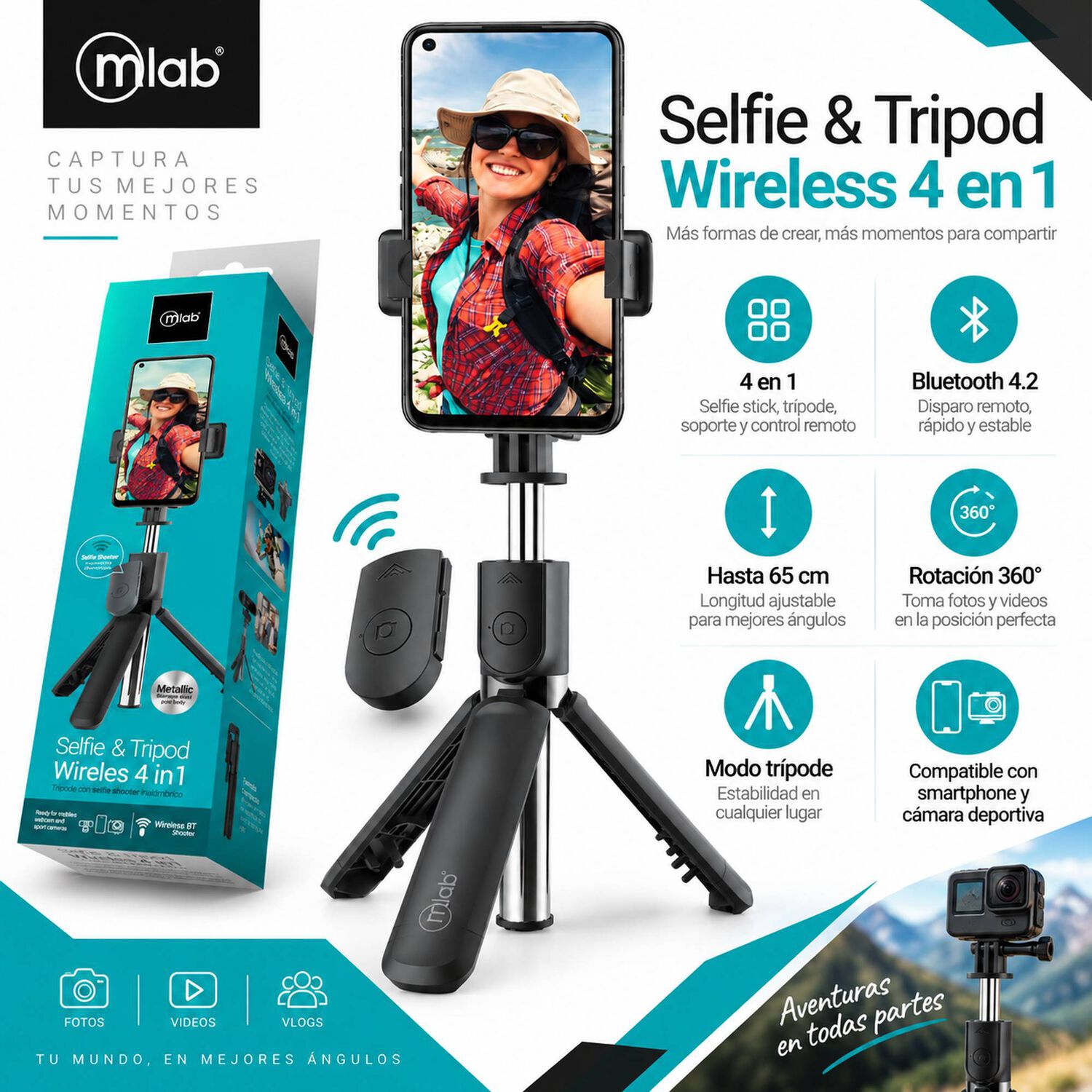 Soporte Kit Selfie Tripode Bluetooth (4en1) Multiprop&oacute;sito image number 4.0