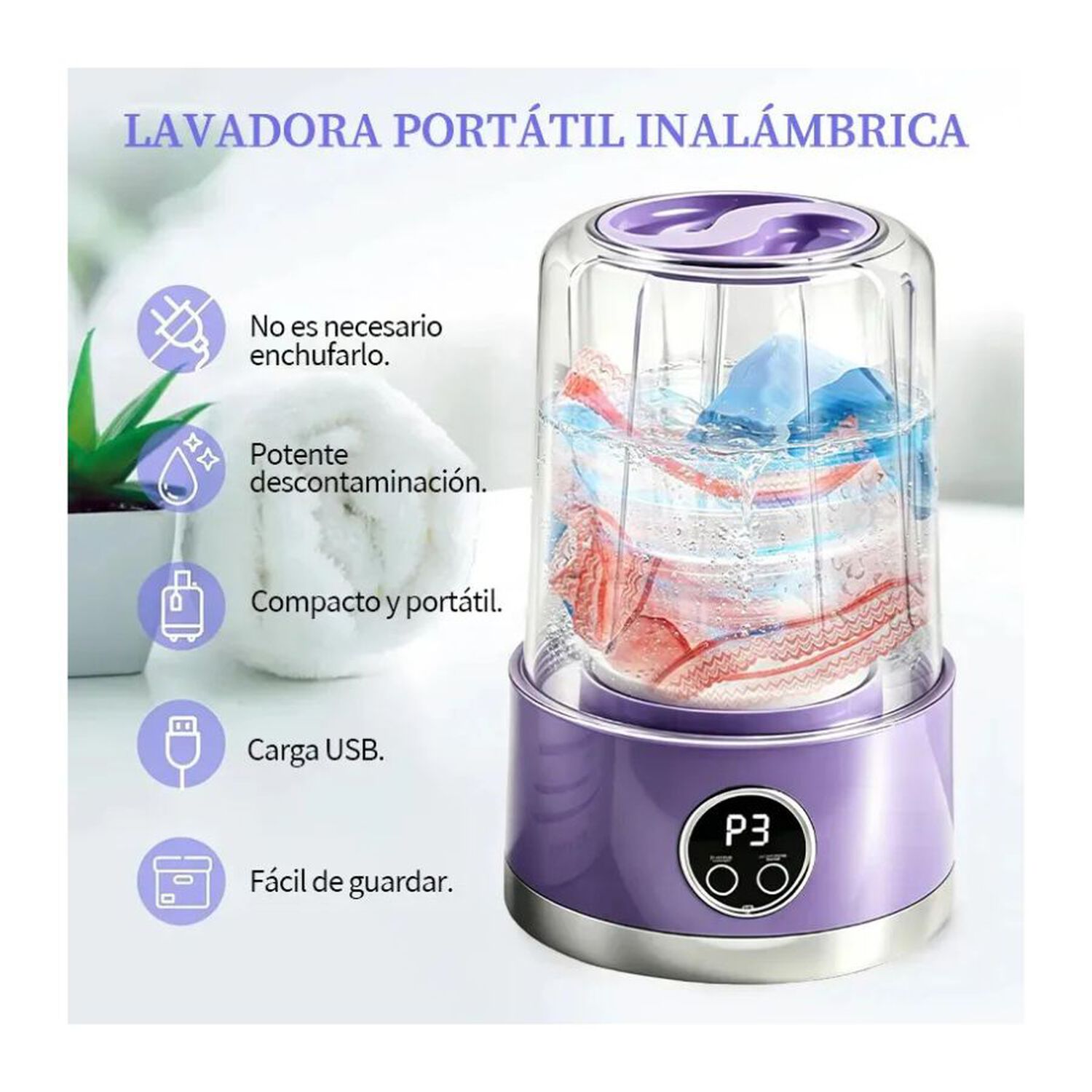 Mini Lavadora Port&aacute;til Inal&aacute;mbrica Recargable Usb 1l image number 2.0