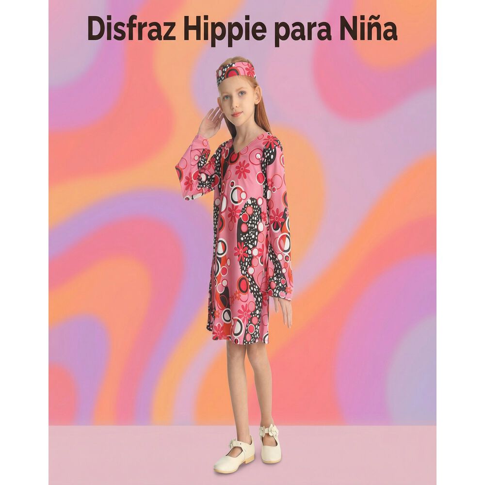 Disfraz Hippie Ni&ntilde;a A&ntilde;os Sesenta Con Vestido Psicod&eacute;lico Para Carnaval, Halloween, Fiesta Tem&aacute;tica Y Teatro image number 4.0