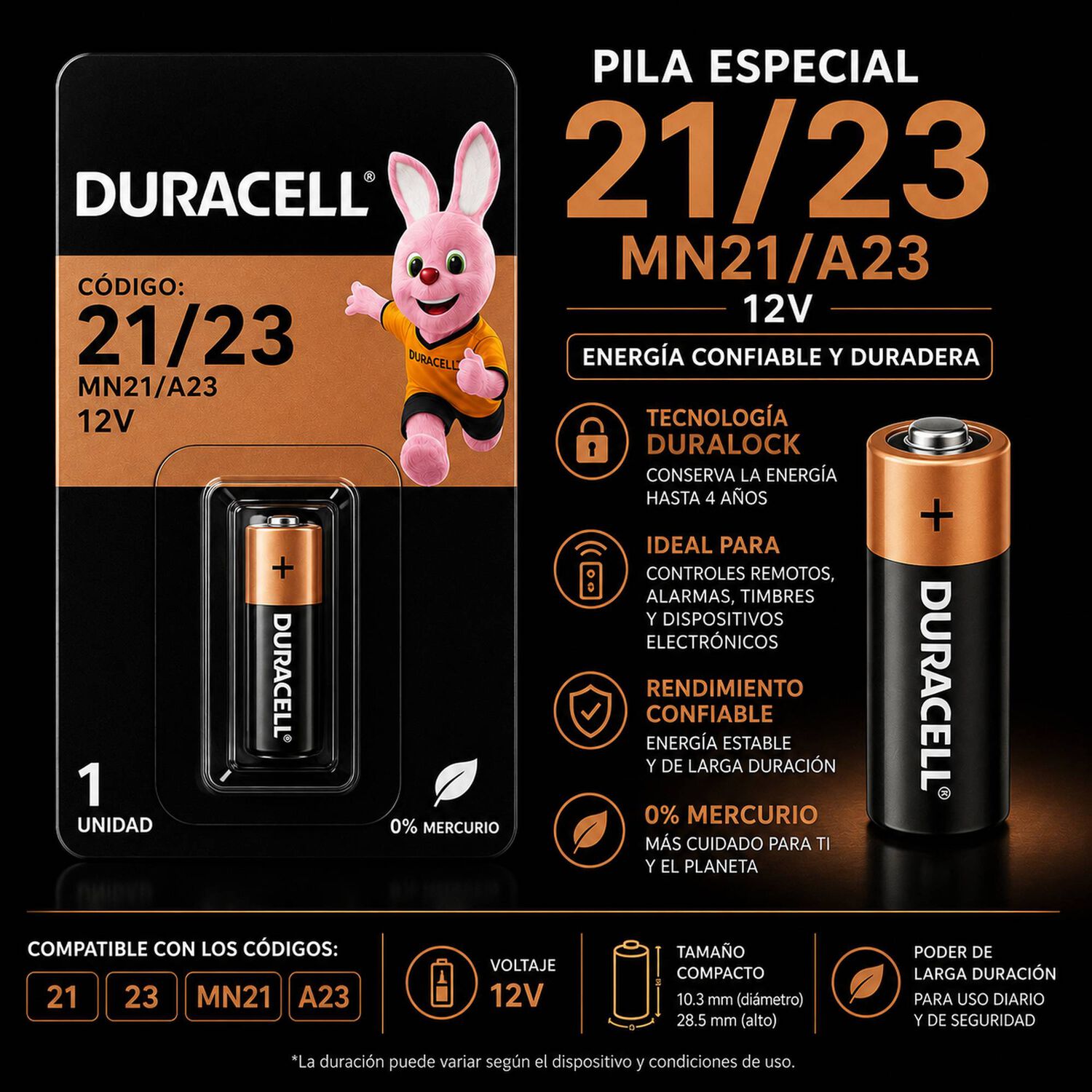 Pila Duracell Especial 23 / 21 / Mn21 / A23 Duralock 12v image number 2.0