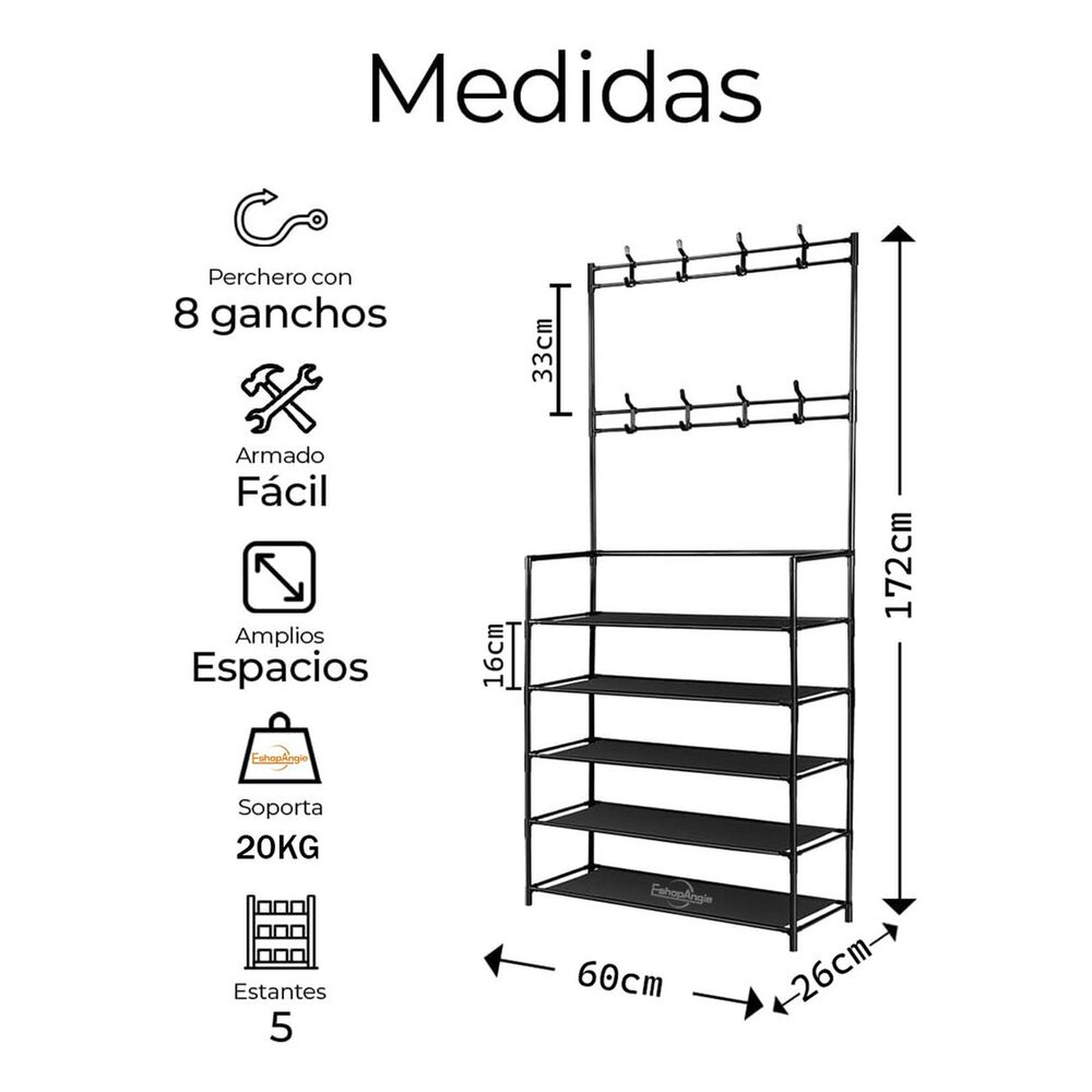 Organizador 2 En 1 Perchero Zapatero Metal 5 Niveles Negro image number 7.0