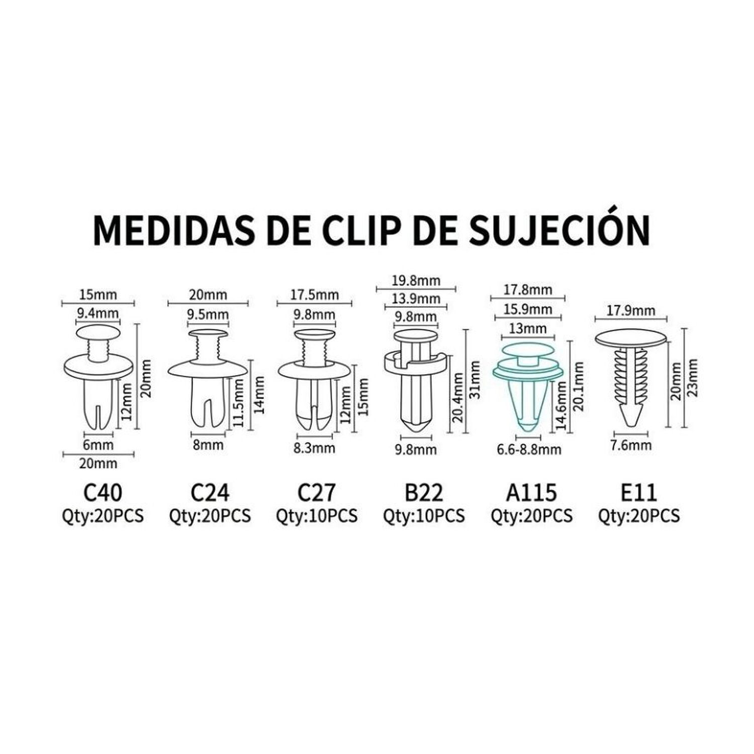 Pack 2 Kit De Clips Broches De Retenci&oacute;n Automotriz 100 Piezas image number 3.0