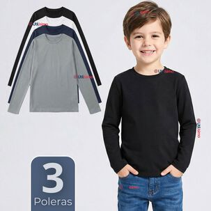 Pack 3 Poleras Camisetas Polar Primera Capa Cuello Redondo Manga Larga Colores Surtido Ni&ntilde;o
