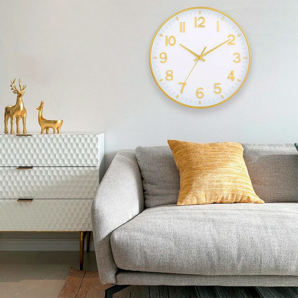 Reloj De Pared Redondo Moderno Blanco Y Dorado image number 1.0