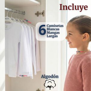 Pack 6 Camisetas Algod&oacute;n Manga Larga Polera Primera Capa Blanco Ni&ntilde;a