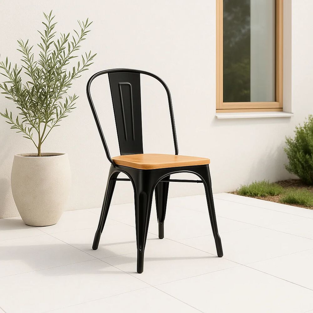 Silla Tolix De Comedor O Terraza Exterior Con Asiento De Madera Clara - Negra image number 1.0