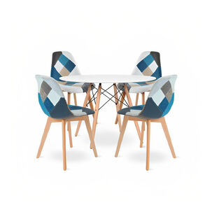 Comedor Eames Redonda Vidrio 100cm + 4 Sillas Patchwork Wood