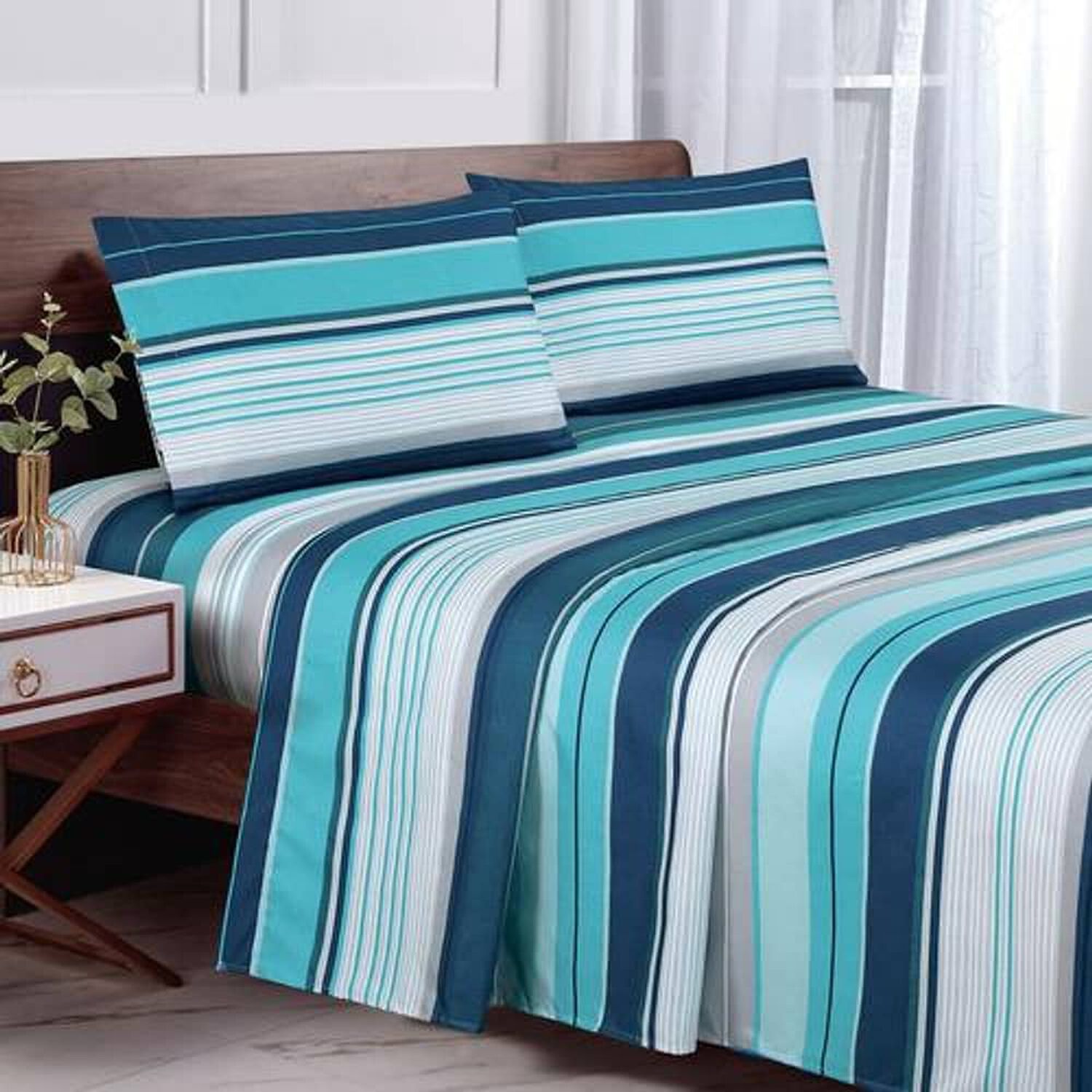 Sabana Andes Microfibra Estampada Raya Turquesa 1.5 Plaza image number 0.0