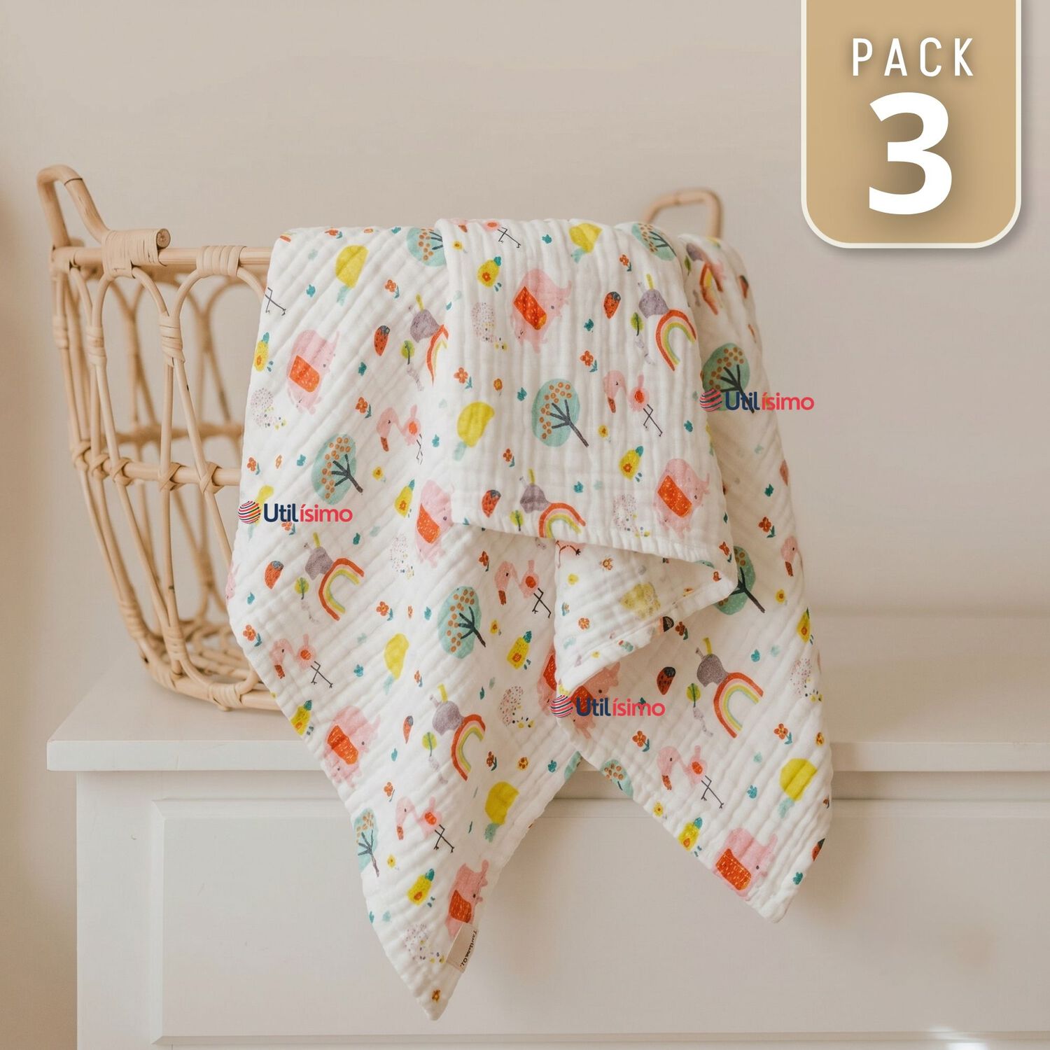 Pack 3 Mantas Muselina 70x 70 Cm Beb&eacute; Ni&ntilde;o Multiuso 100% Algod&oacute;n Colores Surtidos image number 0.0