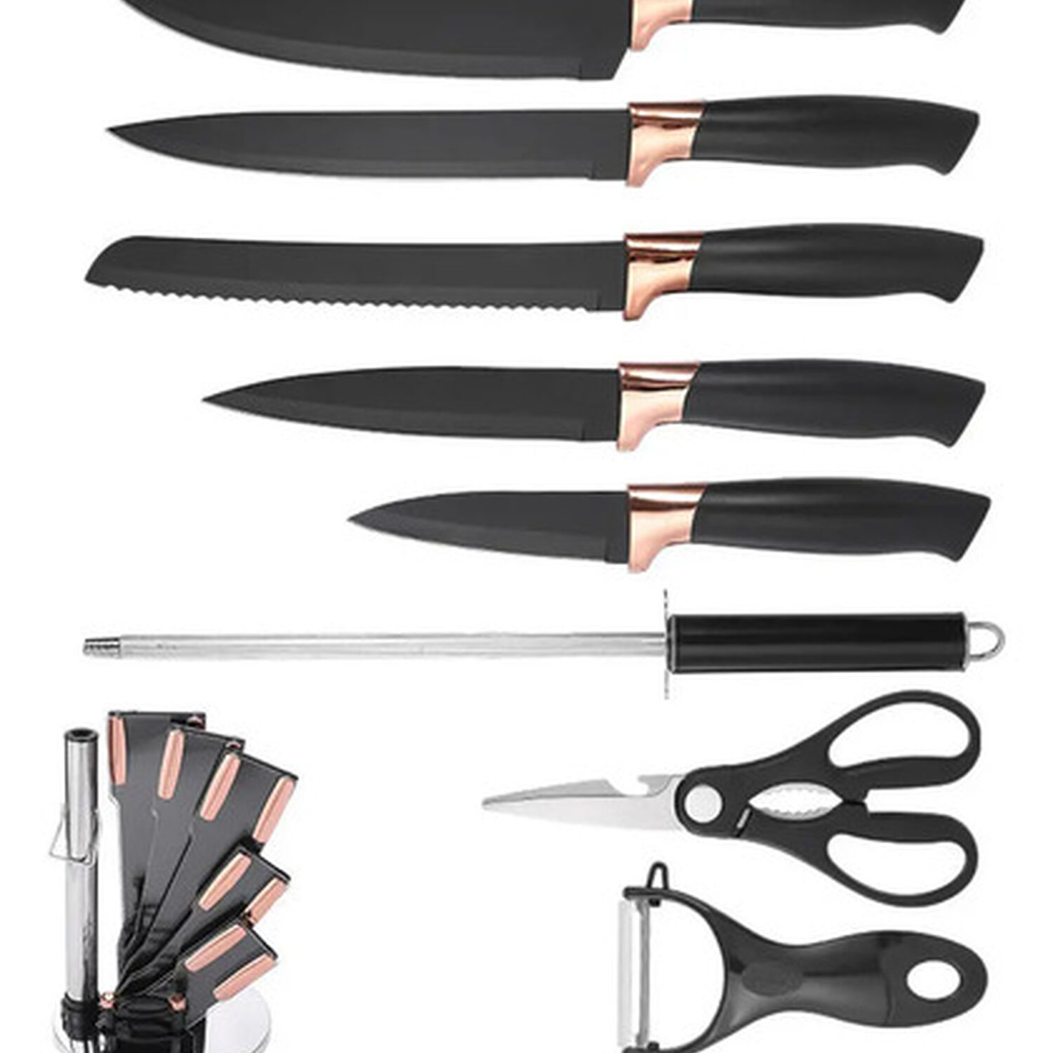 Set Cuchillos De Cocina 9 Piezas Con Base Giratoria Liso Negro image number 5.0