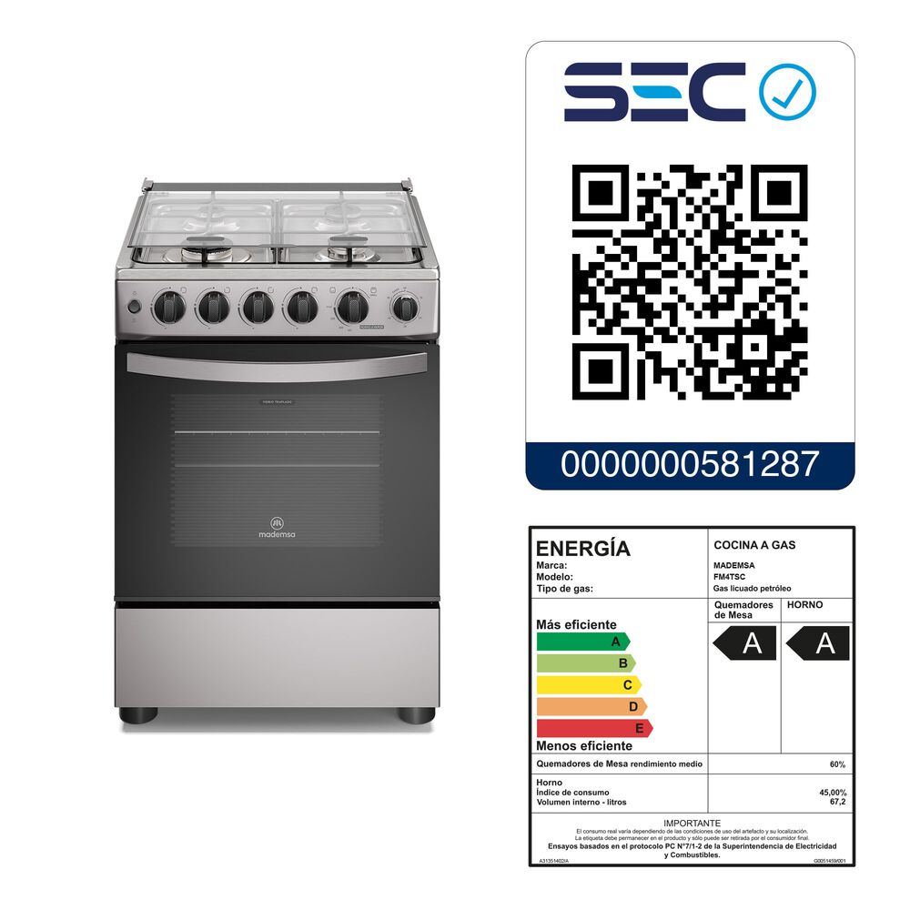 Cocina A Gas 4 Platos Horno Vapor Y Temporizador Fm4tsc Silver image number 1.0