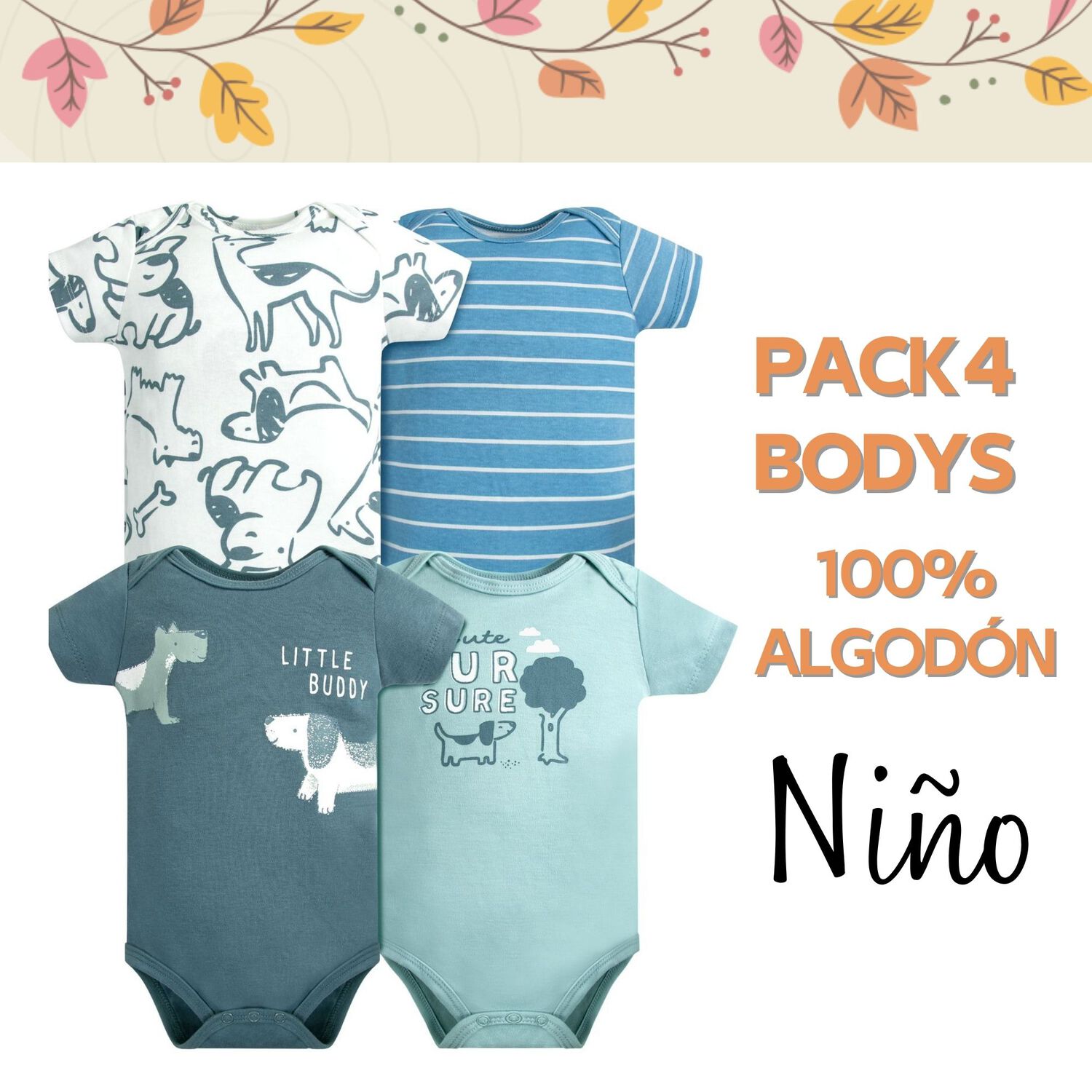 Pack 4 Bodys Ni&ntilde;o Manga Corta Tedmimak 100% Algod&oacute;n Blue Dogs image number 4.0
