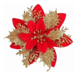 Set 20 Flores Decorativas Navideñas Clips 14cm Rojo Dorado