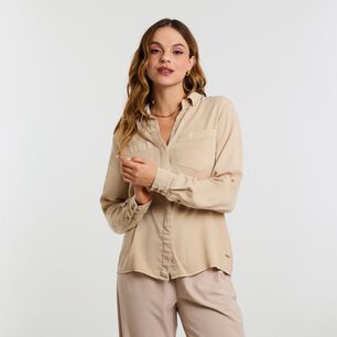 Blusa Lisa Abotonada Lyocell Manga Larga Cuello Camisero Mujer Kimera