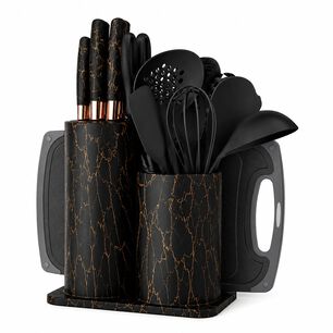 Set Utensilios De Cocina 25 Piezas Marmoleado Negro Dorado