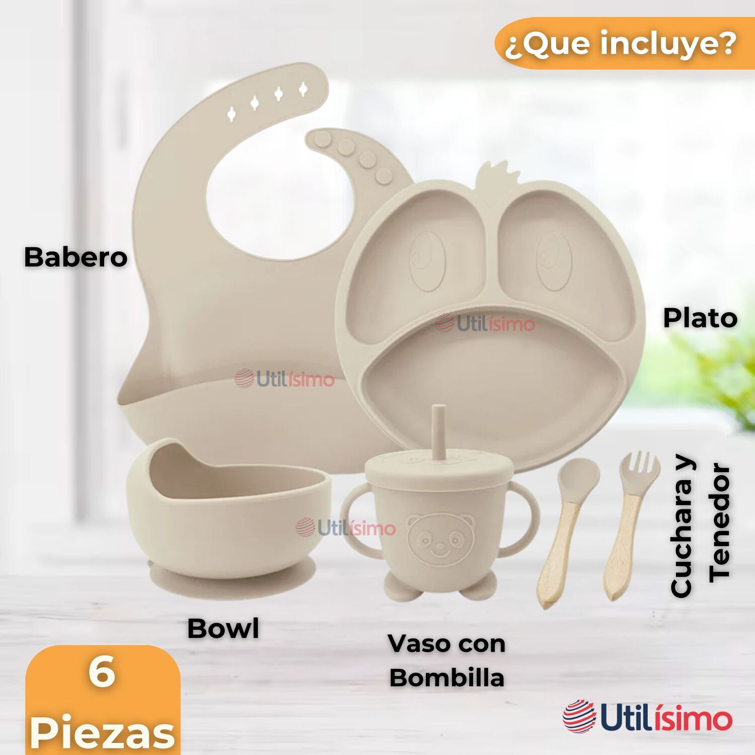 Set De Alimentaci&oacute;n Beb&eacute; Silicona De Formas 6 Piezas Libre Bpa Color Beige image number 6.0