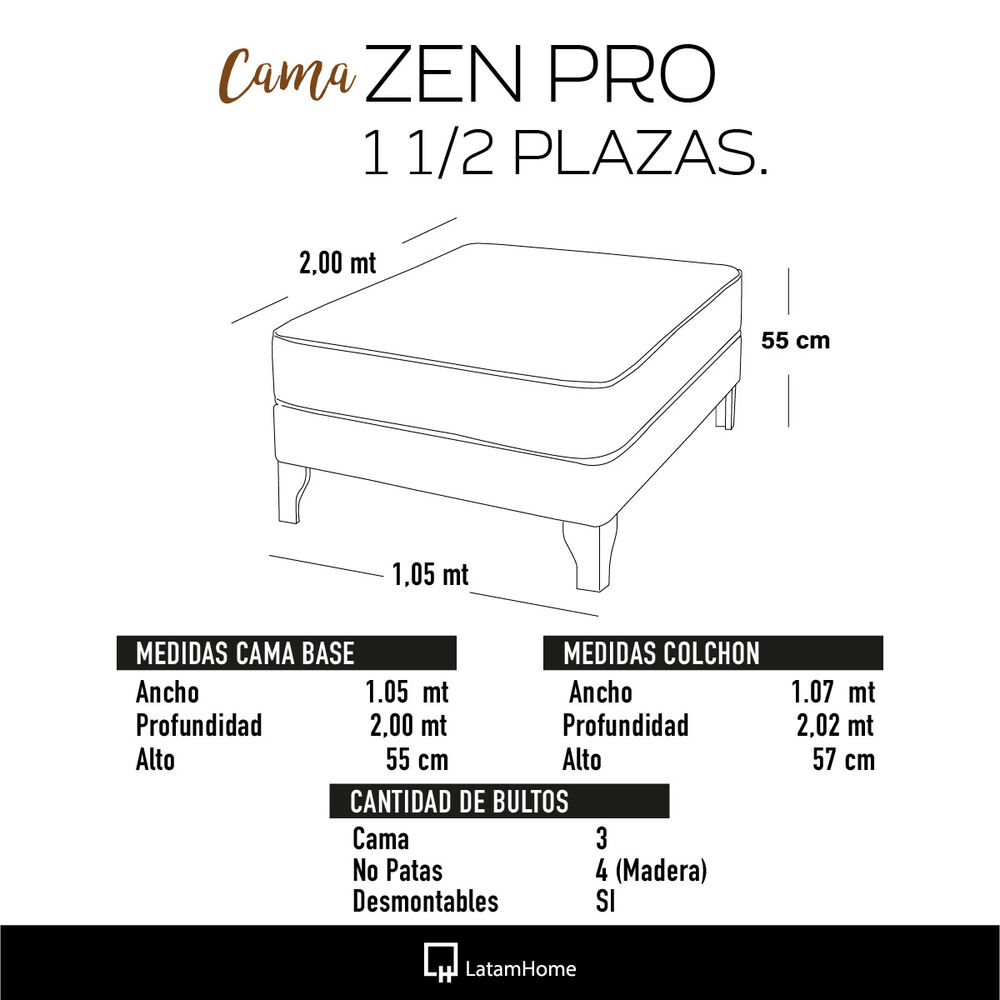 Cama Europea Zen Pro 1.5 Pza Tela Velvet Negro image number 4.0