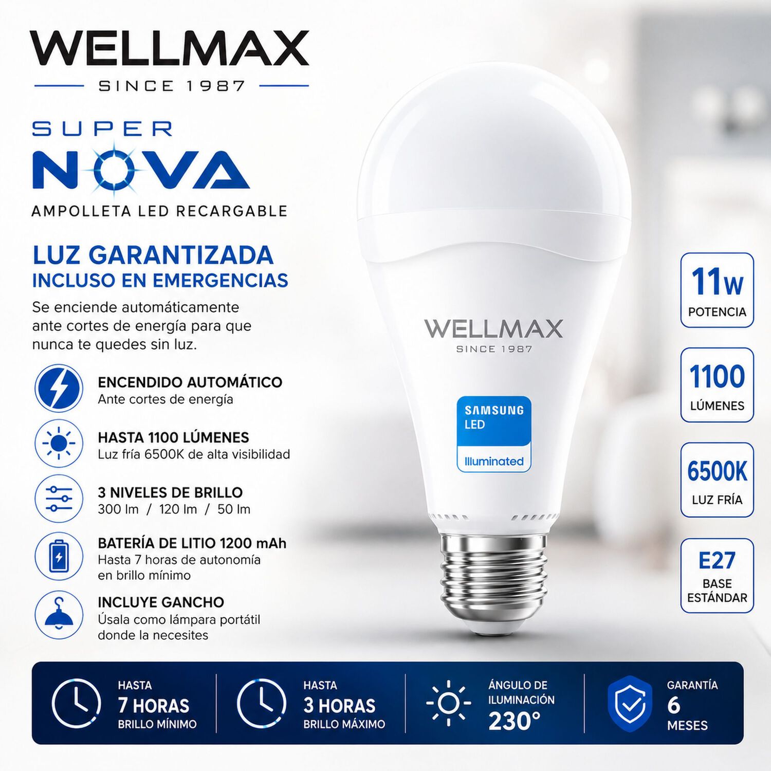 Ampolleta Led Recargable 11w Con Chip Led Samsung Super Nova image number 7.0